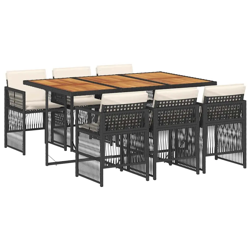 7 Piece Patio Dining Set Black Poly Rattan with Foldable Chairs and Acacia Wood Table for Outdoor Garden and Backyard Use
