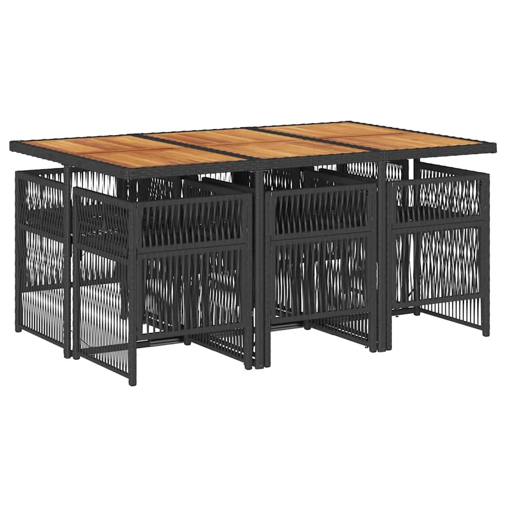 7 Piece Patio Dining Set Black Poly Rattan with Foldable Chairs and Acacia Wood Table for Outdoor Garden and Backyard Use