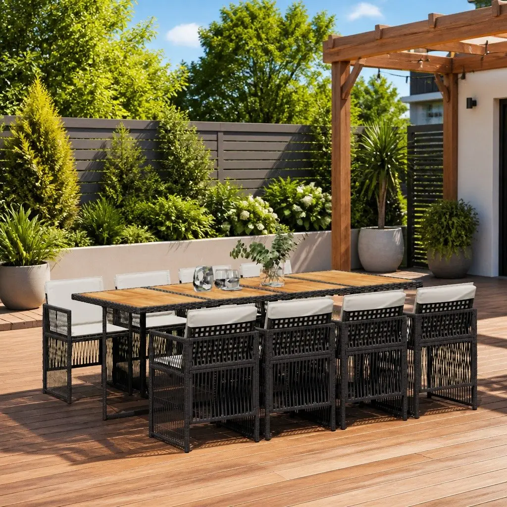 Dining Set 9 Piece Outdoor Use Black Poly Rattan Chairs Acacia Wood Table