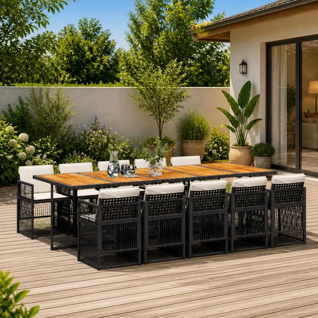 Outdoor Dining Set 11 Piece Black Rattan Furniture for Garden Patio with Cushions