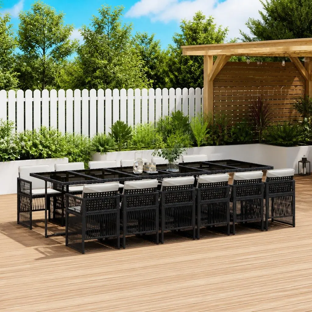 Outdoor Dining Set 13 Piece Black Poly Rattan Garden Furniture with Cushions