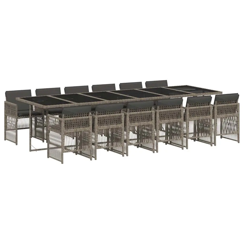 13 Piece Garden Dining Set for Patio and Backyard with Grey Poly Rattan Chairs and Tempered Glass Table