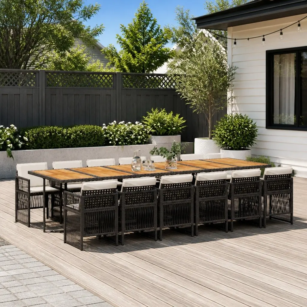 Outdoor Furniture Set 13 Piece Black Poly Rattan Dining Chairs Acacia Wood Table