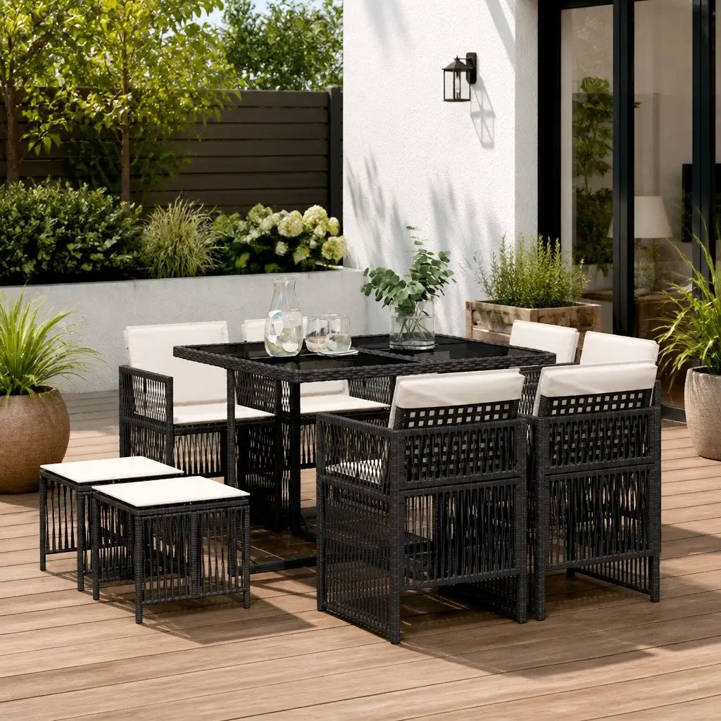 9 Piece Garden Dining Set in Black Rattan