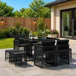 Garden Dining Set: 9 Pieces, Black Rattan and Glass