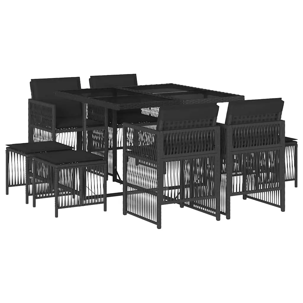 Garden Dining Set 9 Piece Outdoor Furniture for Patio and Garden Black Poly Rattan with Cushions