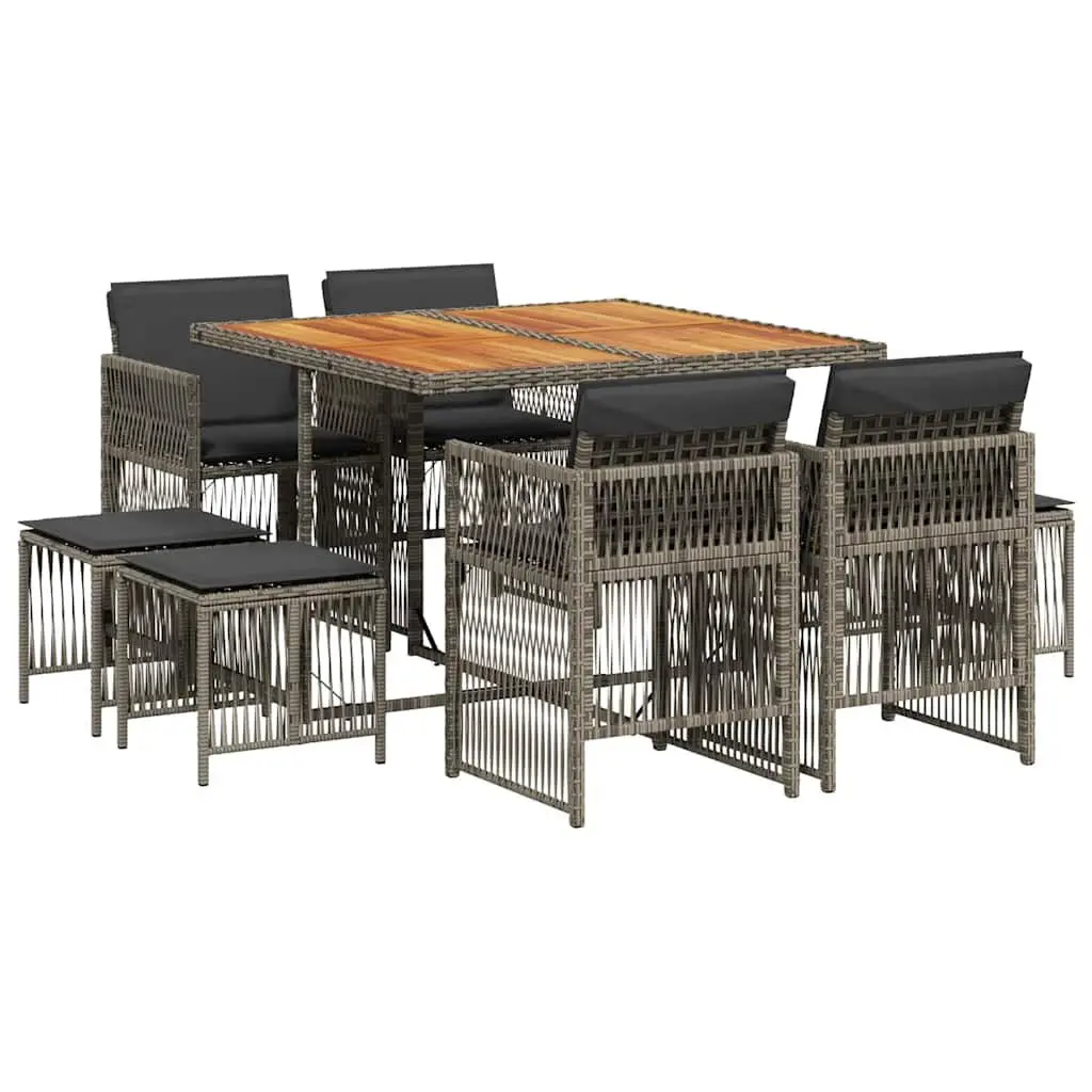 9 Piece Garden Dining Set Grey PE Rattan Chairs Table Cushions Outdoor Patio