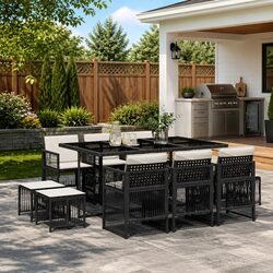 Detailed Specs: 11-Piece Garden Dining Set - Black Poly Rattan