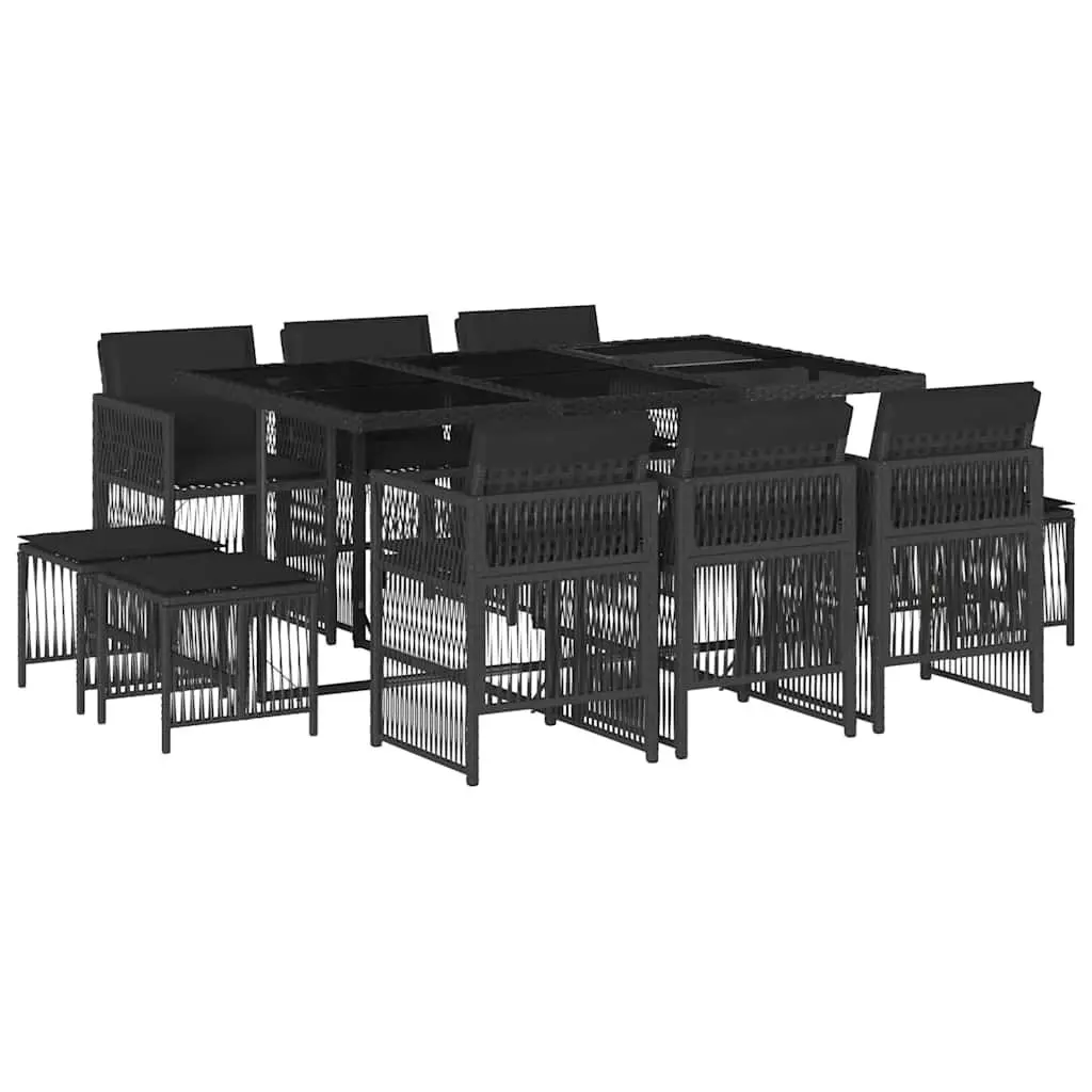 Outdoor Dining Set 11 Piece Patio Furniture Black Rattan Table with Cushioned Chairs and Stools