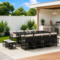 Garden Dining Set 13 Piece with Poly Rattan and Glass Top
