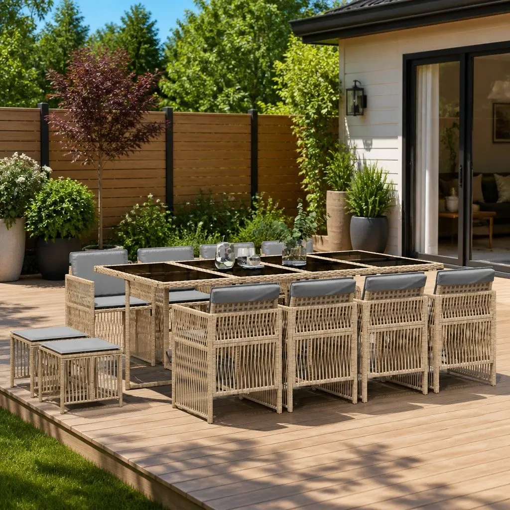 Garden Dining Set 13 Piece Outdoor Furniture Beige Poly Rattan Chairs Table