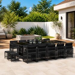 15-Piece Black Garden Dining Set with Cushions & Glass