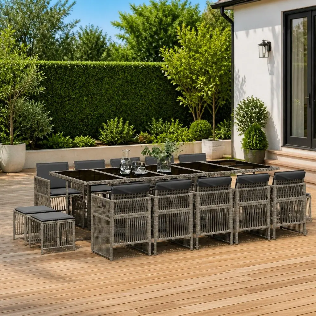 Garden Dining Set 15 Piece Outdoor Furniture Grey Poly Rattan with Cushions