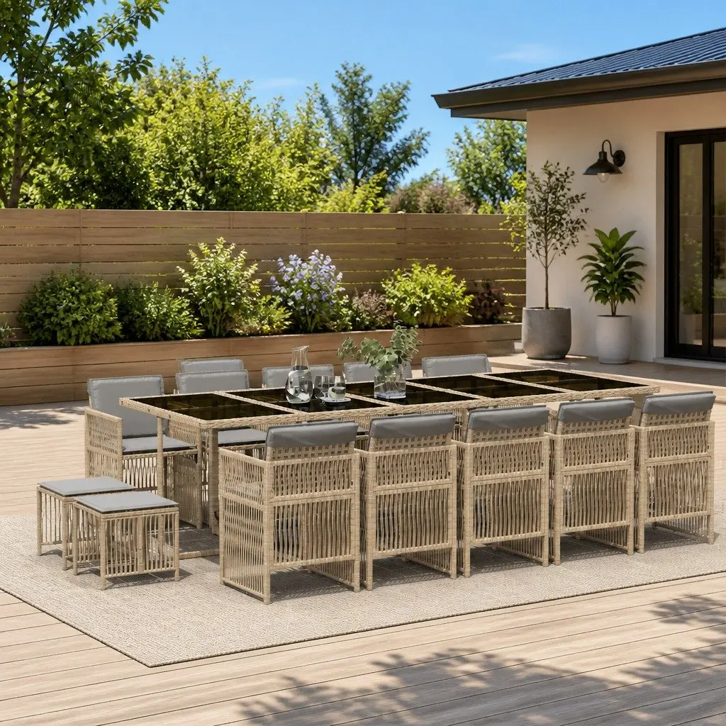 Garden Dining Set 15 Piece Outdoor Furniture for Patio and Garden with Poly Rattan Chairs Table and Cushions
