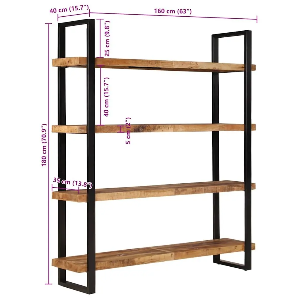 4-Tier Bookcase 160x40x180cm Rough Mango Wood Shelving Storage Display Unit
