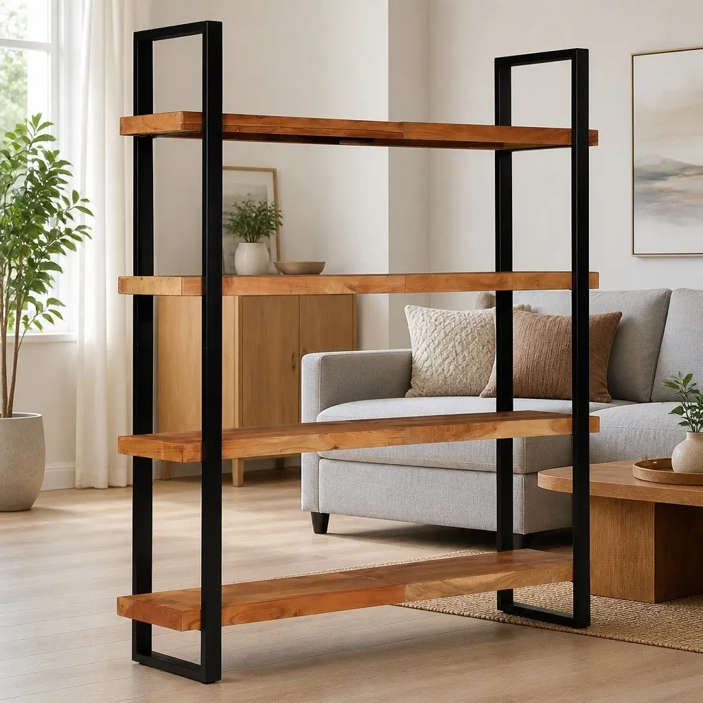 4-Tier Bookcase 160x40x180 cm Solid Acacia Wood Shelving Unit Industrial Style