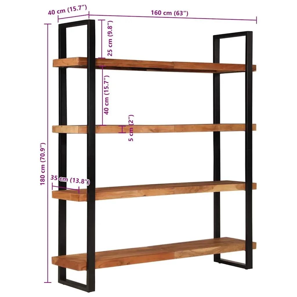 4-Tier Bookcase 160x40x180 cm Solid Acacia Wood Shelving Unit Industrial Style