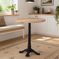 Bistro Dining Table Round Wooden Top Cast Iron Base Kitchen Brown 60x76cm