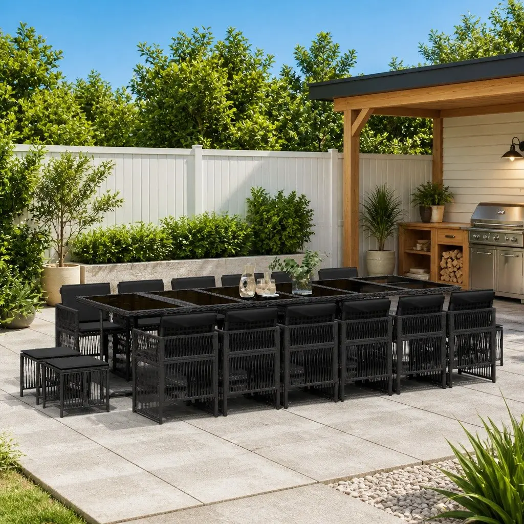 Outdoor Dining Set 17 Piece Black PE Rattan Cushioned Table Chairs