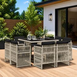 9 Piece Garden Dining Set Grey Poly Rattan Outdoor Furniture Patio with Cushions