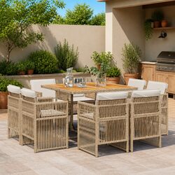 Garden Dining Set Specs: 9 Piece with Cushions, Beige Rattan