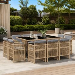 11 Piece Garden Dining Set - Beige Rattan & Cushions