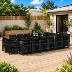17 Piece Garden Dining Set with PE Rattan and Glass Top