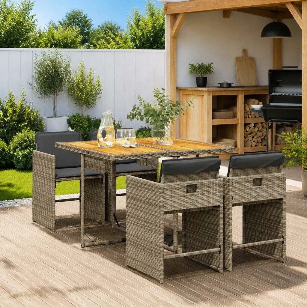 5 Piece Outdoor Garden Dining Set for Patio Grey Poly Rattan with Padded Cushions
