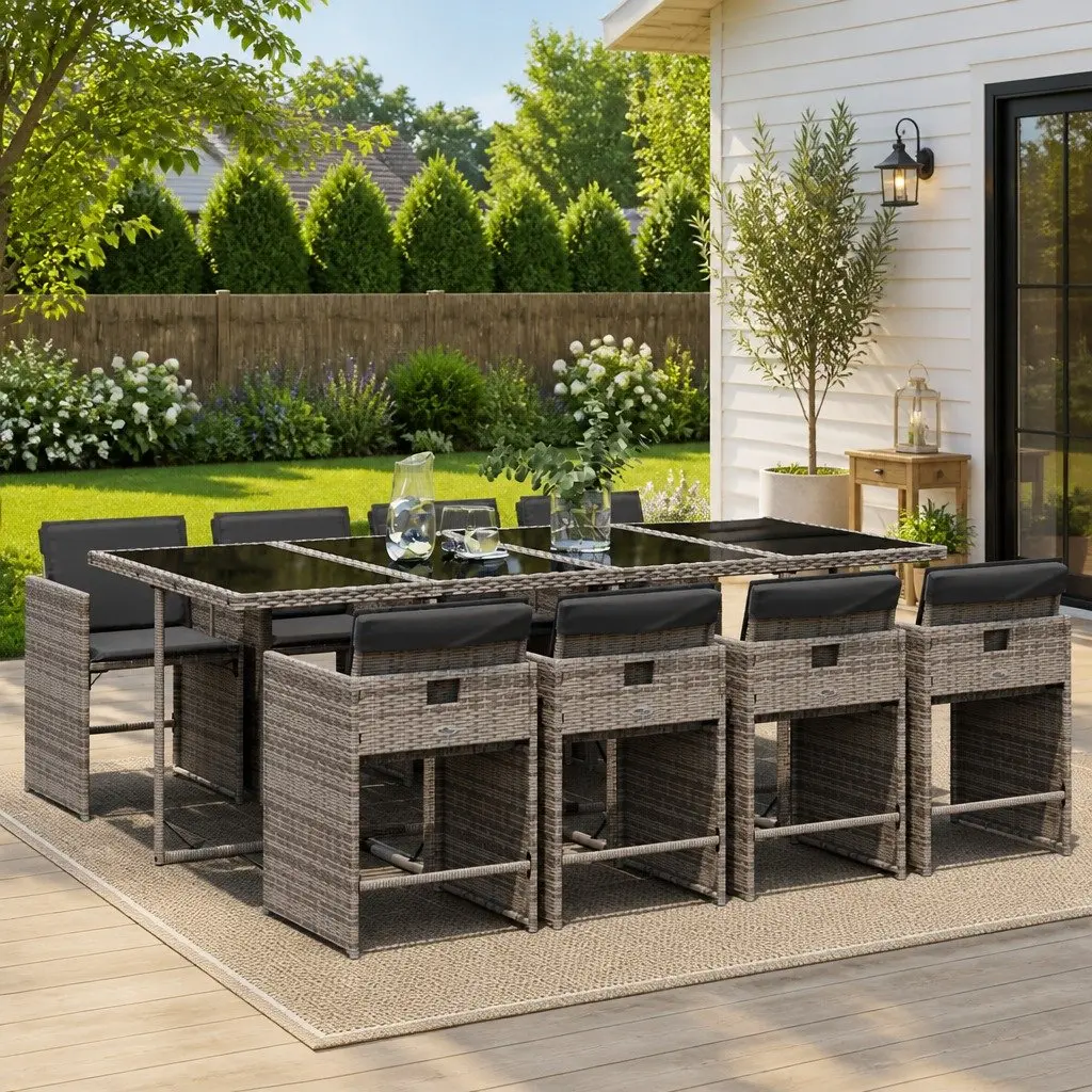 9 Piece Garden Dining Set Grey Rattan Chairs with Tempered Glass Table for Outdoor Patio