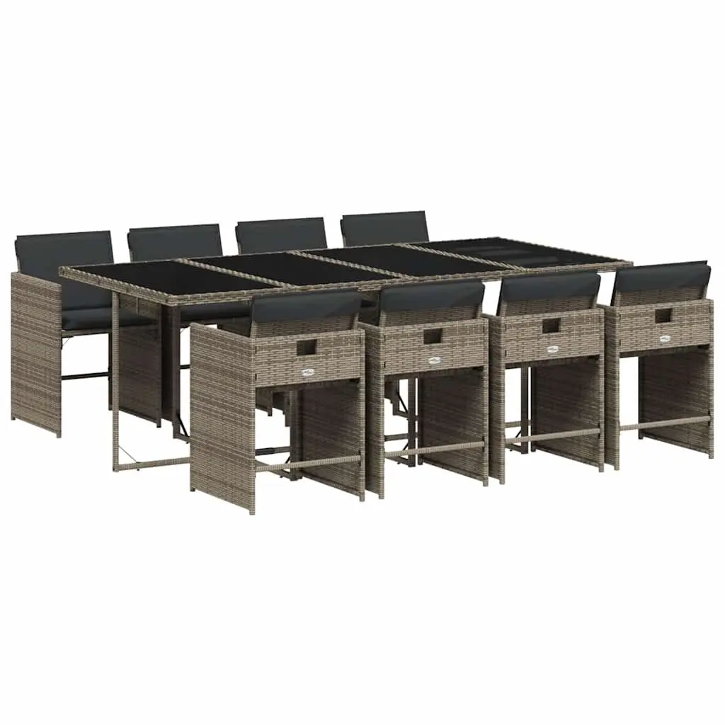 9 Piece Garden Dining Set Grey Rattan Chairs with Tempered Glass Table for Outdoor Patio