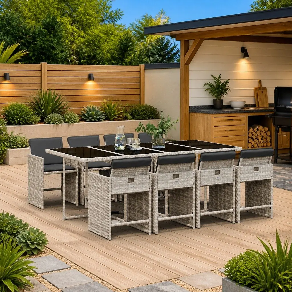 Outdoor Furniture Set 9 Piece Grey Poly Rattan Table Chairs for Garden Dining