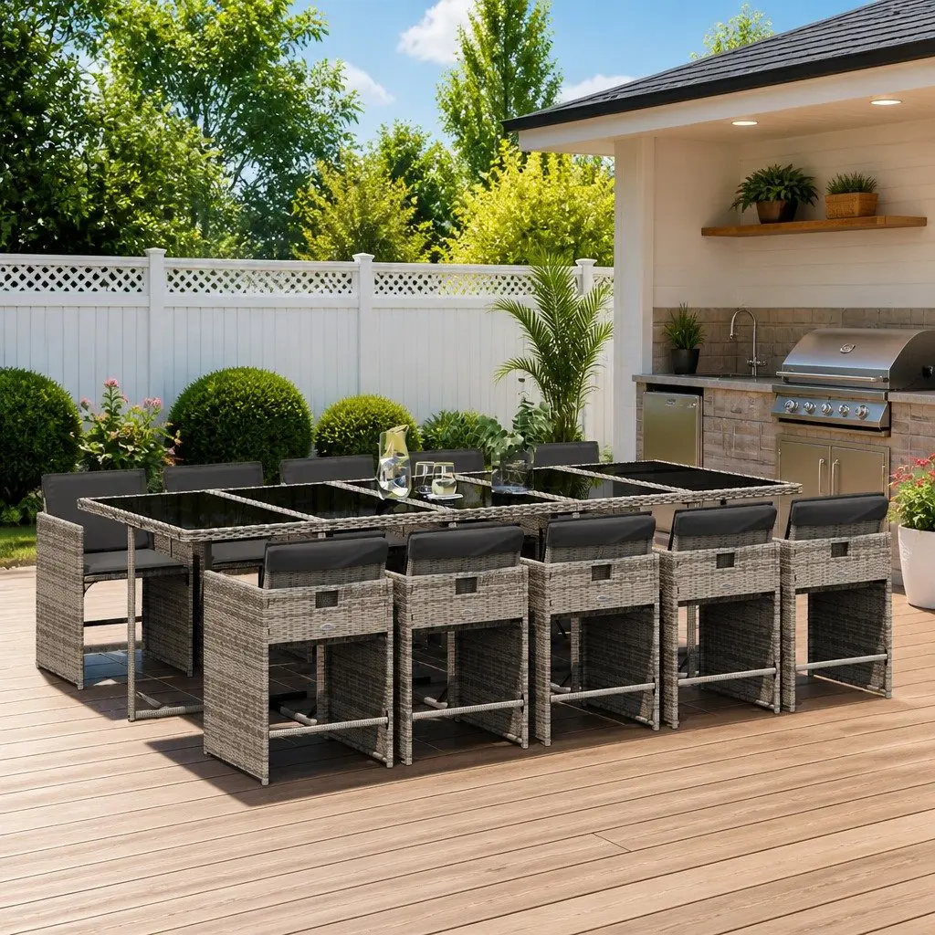 11 Piece Garden Dining Set for Outdoor Use Grey Rattan with Cushions