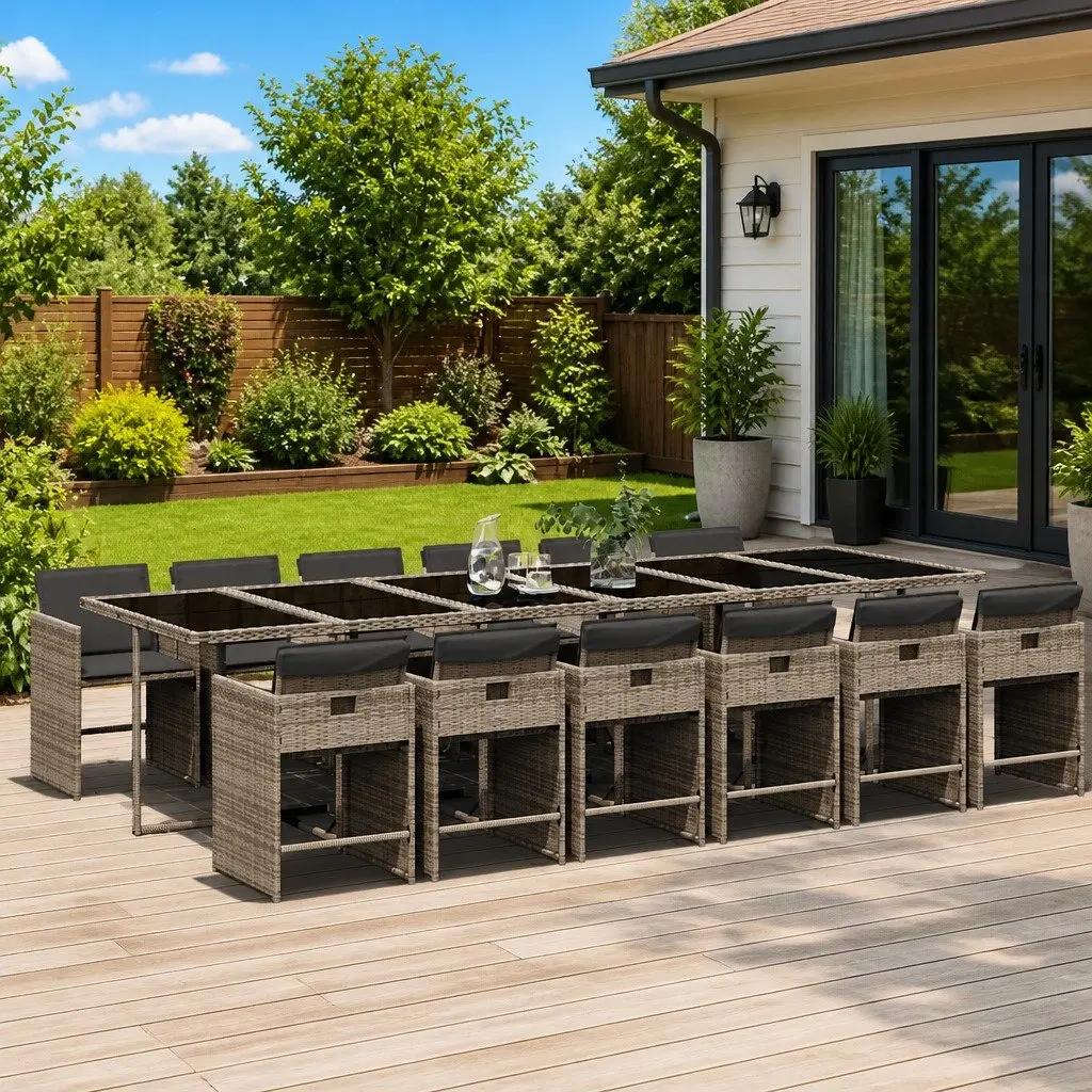 Outdoor Dining Set 13 Piece Grey Poly Rattan Patio Table and Chairs for Garden Use