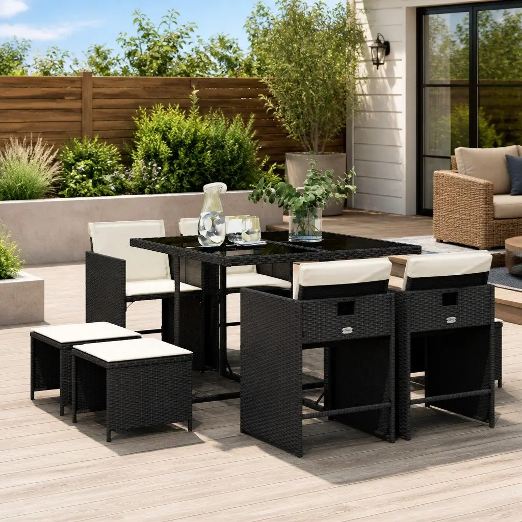 Garden Dining Set 9 Piece Outdoor Furniture Table Chairs Cushions Black Poly