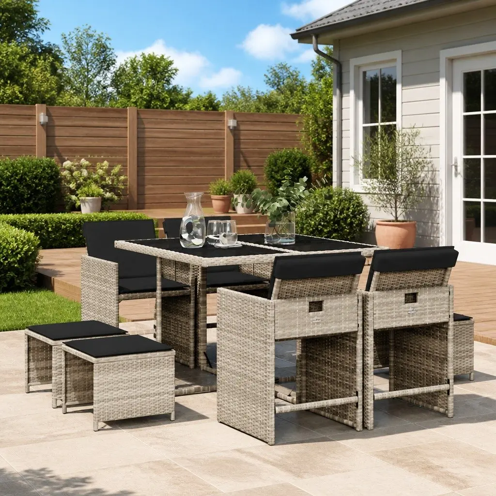Garden Dining Set 9 Piece Outdoor Furniture Grey Poly Rattan Chairs Table