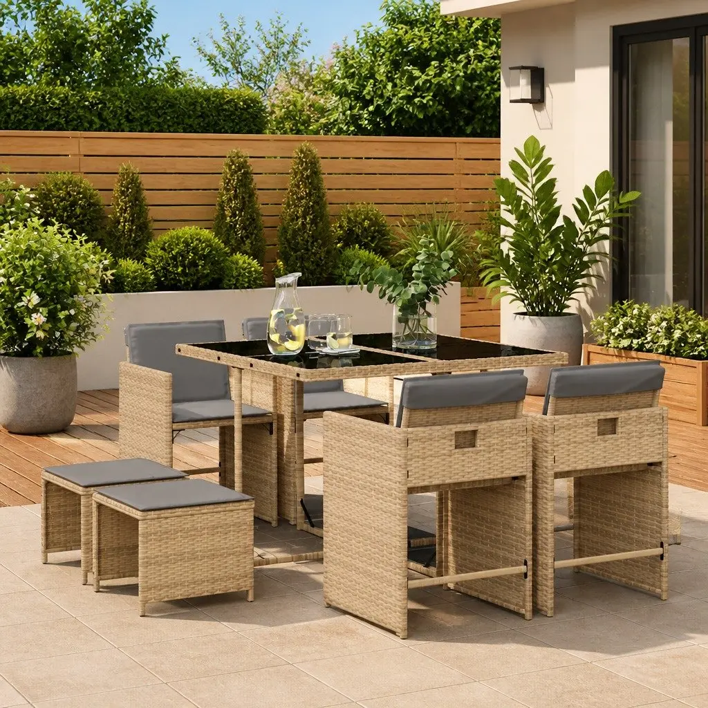 Garden Dining Set 9 Piece Outdoor Furniture Patio Table Chairs Cushions Beige