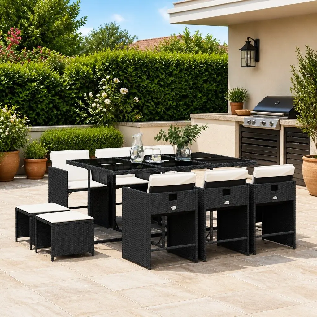 11 Piece Outdoor Garden Dining Set with Black Poly Rattan Chairs and Tempered Glass Table for Patio Backyard Entertainment