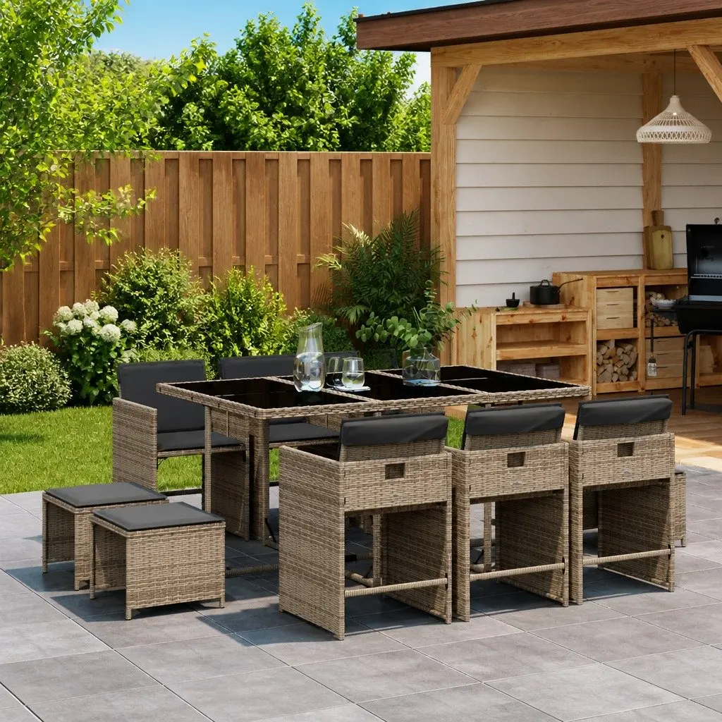 Outdoor Dining Set 11 Piece Grey Poly Rattan Patio Furniture with Cushioned Seating and Tempered Glass Tabletop for Garden and Backyard
