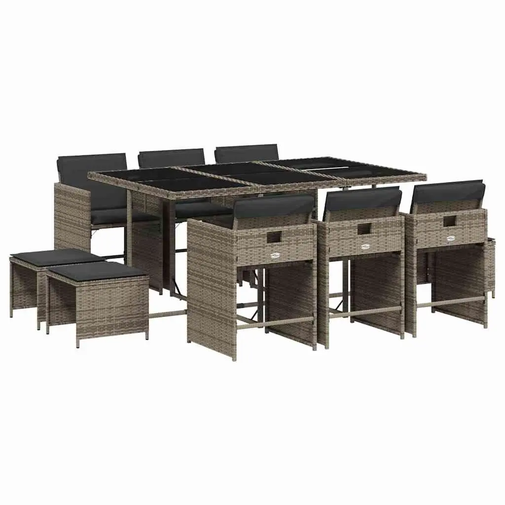 Outdoor Dining Set 11 Piece Grey Poly Rattan Patio Furniture with Cushioned Seating and Tempered Glass Tabletop for Garden and Backyard