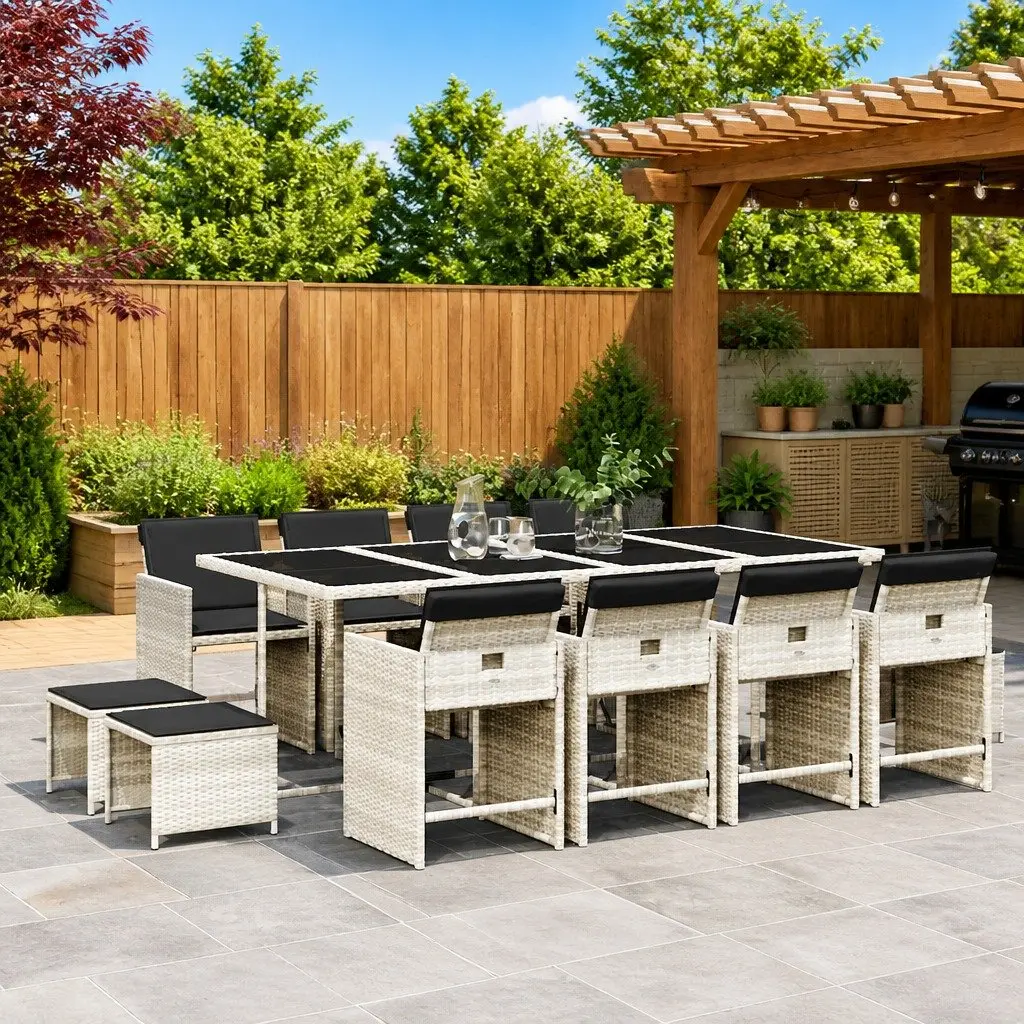 Outdoor Dining Set 13 Piece Grey Poly Rattan Chairs Table for Garden Patio