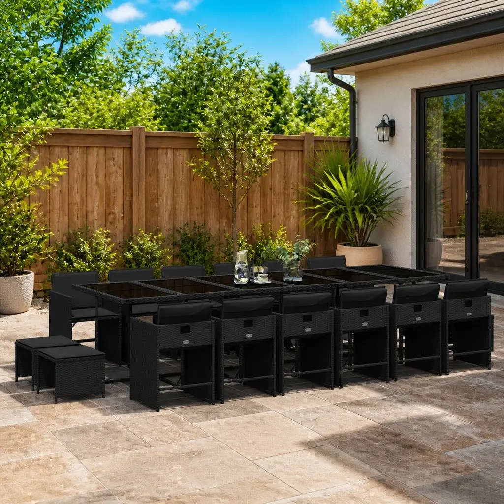 Garden Dining Set 17 Piece Outdoor Furniture Black Poly Rattan Chairs Table