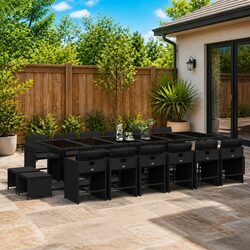 Garden Dining Set: 17 Pieces, PE Rattan, Glass Top