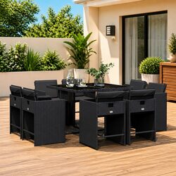 9 Piece Outdoor Dining Set – Black Poly Rattan & Glass