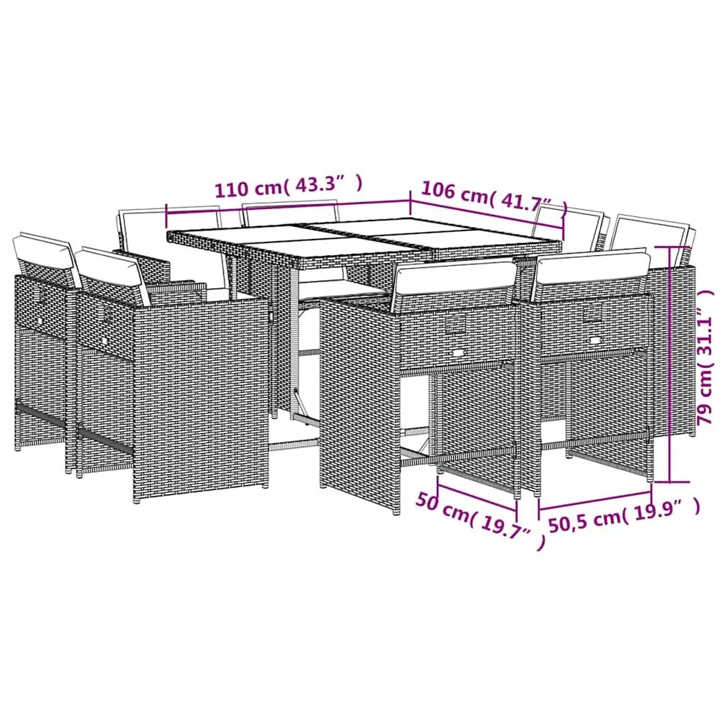 Garden Dining Set 9 Piece Outdoor Use Grey Poly Rattan Chairs Table
