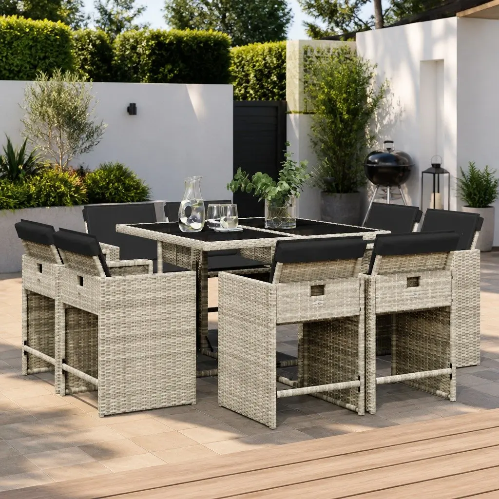 Outdoor Dining Set 9 Piece Grey Poly Rattan Folding Chairs Table with Cushions
