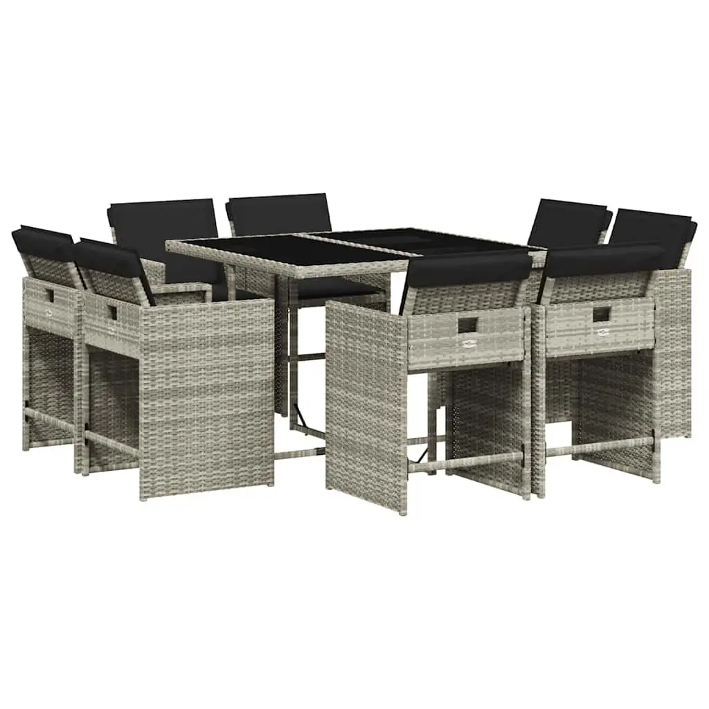Outdoor Dining Set 9 Piece Grey Poly Rattan Folding Chairs Table with Cushions