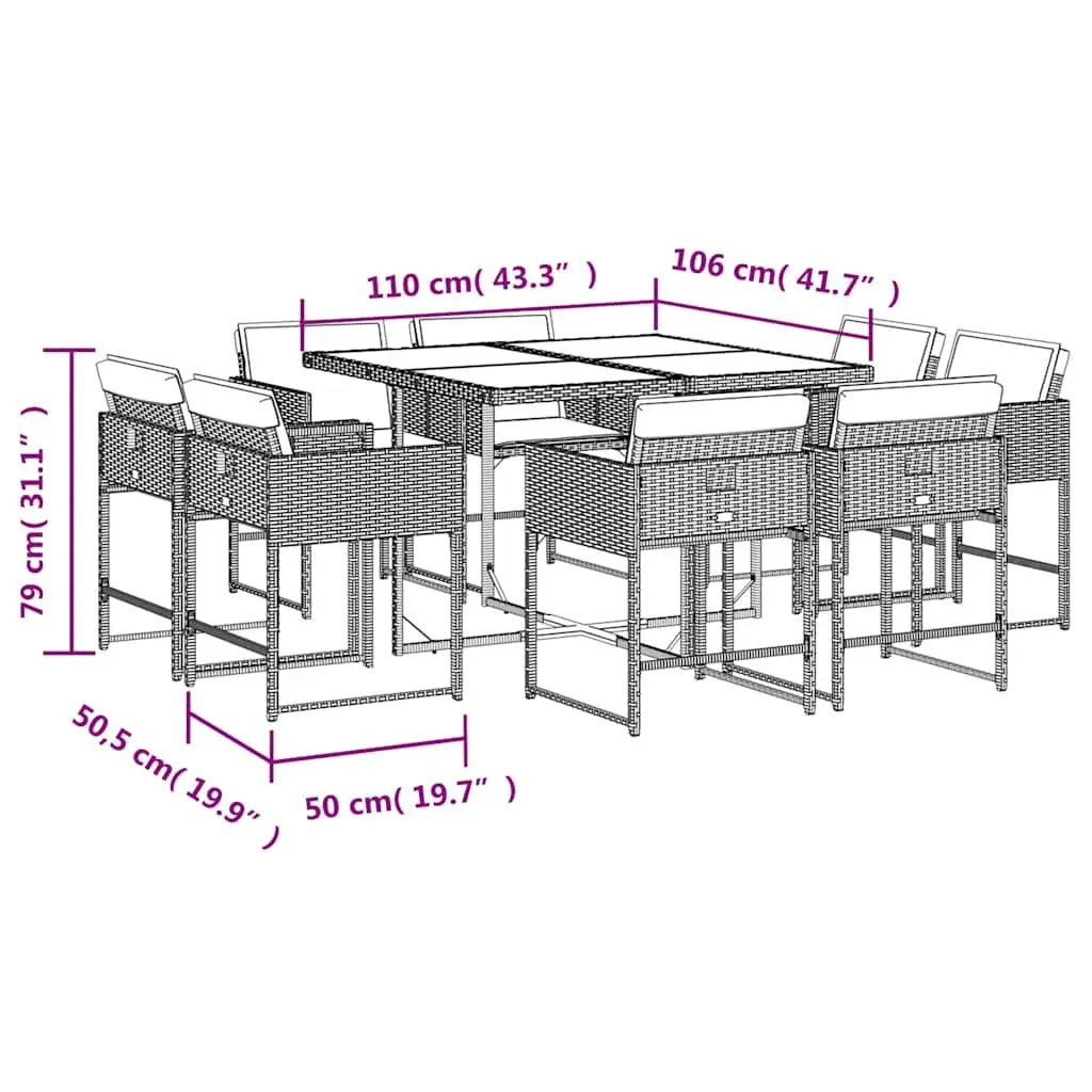 Outdoor Dining Set 9 Piece Grey Poly Rattan Folding Chairs Table with Cushions