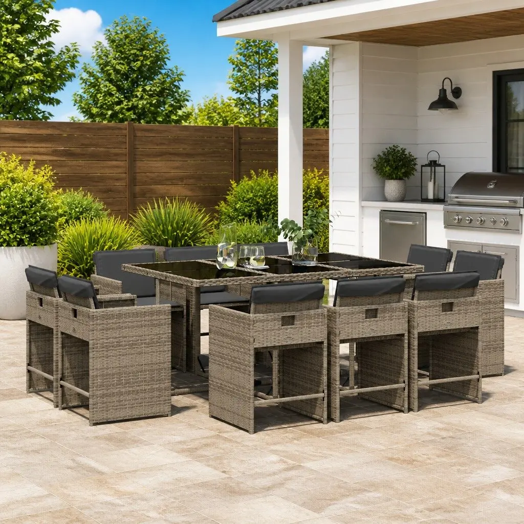 Outdoor Furniture Set 11 Piece Grey Poly Rattan Dining Configuration with Cushions for Patio Garden or Backyard