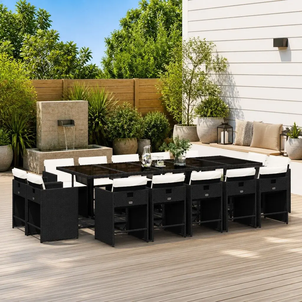 Garden Dining Set Outdoor Furniture 15 Piece Black Poly Rattan Chairs Table