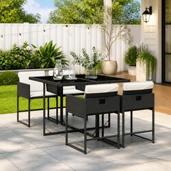 5 Piece Outdoor Dining Set Black Poly Rattan Chairs Glass Table Patio Furniture